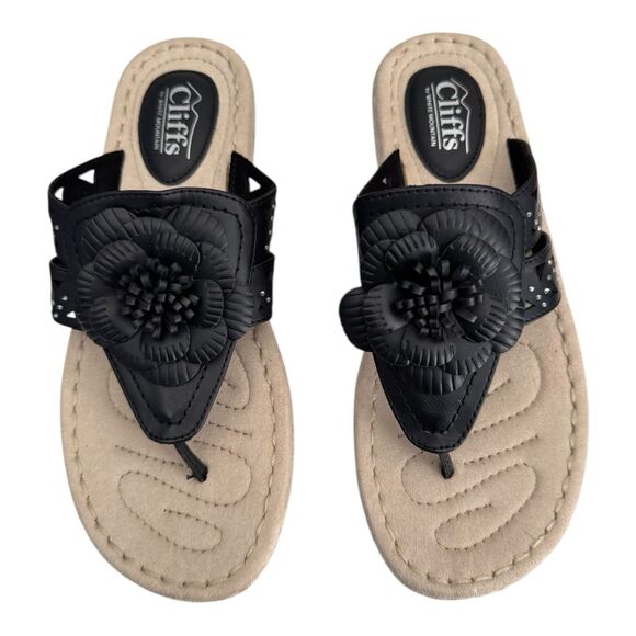 White Mountain Shoes - Cliffs White Mountain Sandals Ladies Women’s 9M Black Floral Cynthia Thong